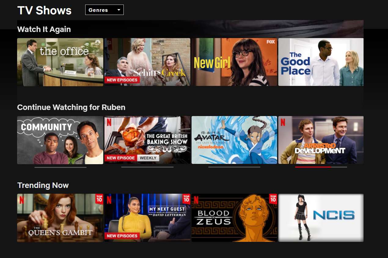 Netflix's homepage for TV