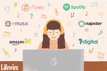 An illustration of a woman listening to music on her computer from different providers.