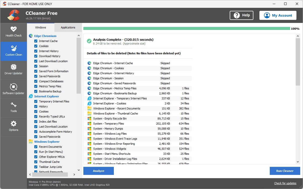 A list of junk files analyzed by CCleaner