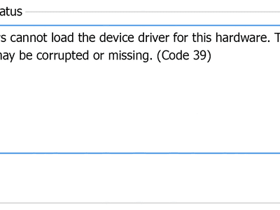 Screenshot of the Code 39 Device Manager error code that reads Windows cannot load the device driver for this hardware. The driver may be corrupted or missing