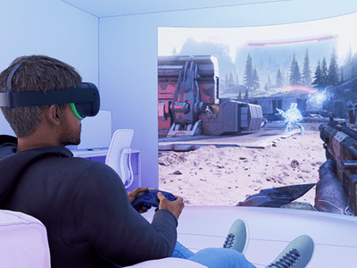 An artist rendering of someone playing a video game while wearing a virtual reality headset.