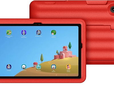 The Samsung Galaxy Tab A9+ Kids Edition tablet with a red puffy cover. 