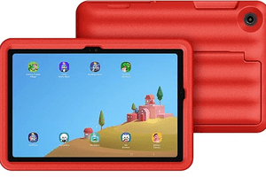 The Samsung Galaxy Tab A9+ Kids Edition tablet with a red puffy cover. 